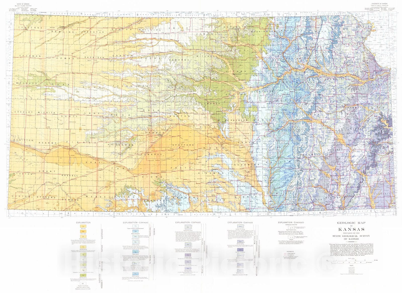 Historic Map : 1937 Geological Map of Kansas : Vintage Wall Art