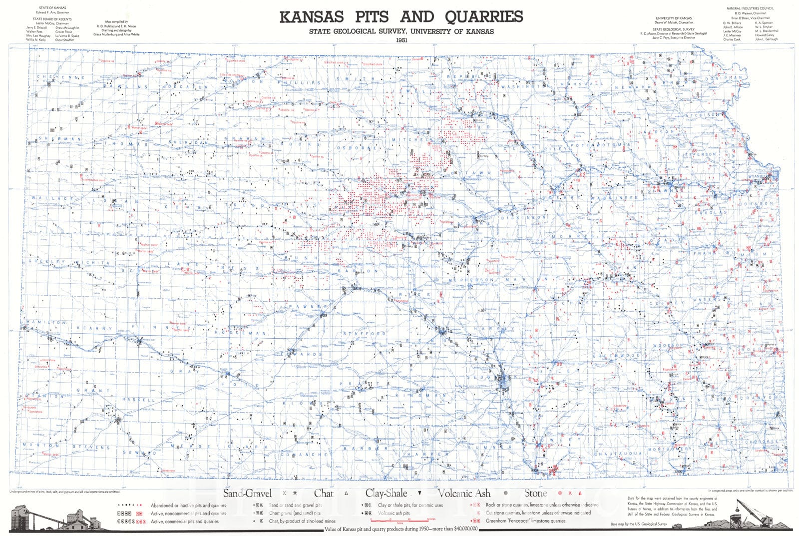Historic Map : 1951 Kansas Pits and Quarries : Vintage Wall Art