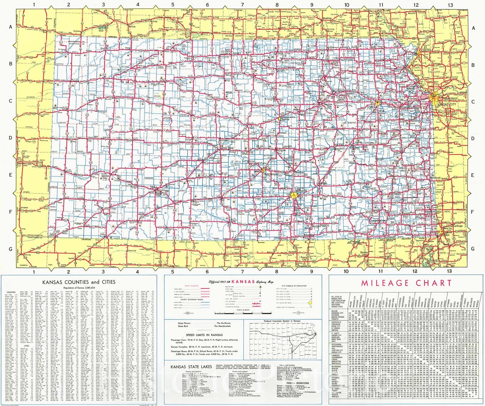 Historic Map : 1958 Official 1957-58 Kansas Highway Map  : Vintage Wall Art