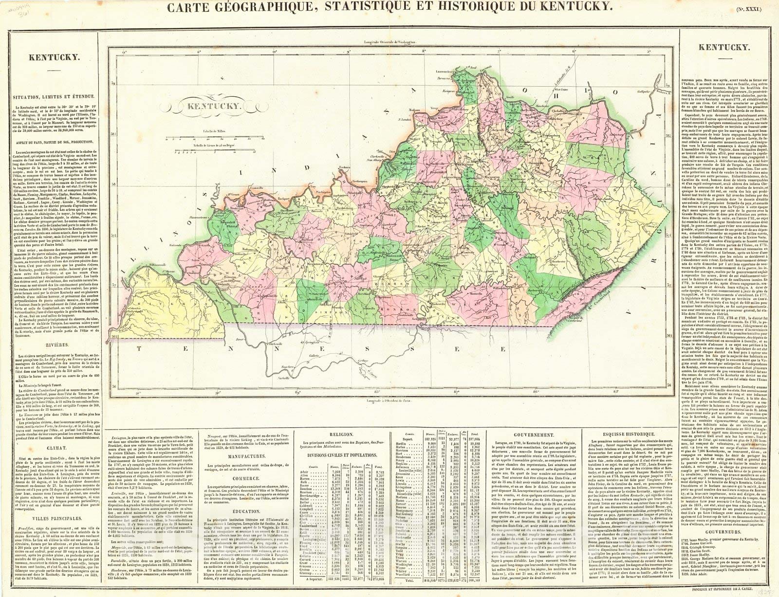 Historic Map : 1825 Carte Geographique, Statistique et Historique du Kentucky : Vintage Wall Art