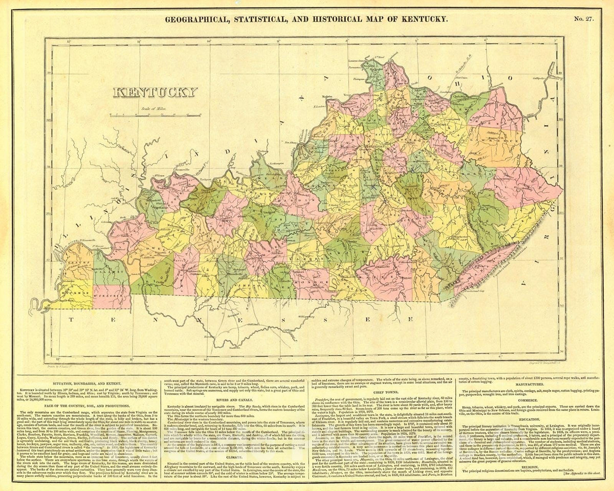 Historic Map : 1827 Geographical, Statistical, and Historical Map of Kentucky : Vintage Wall Art