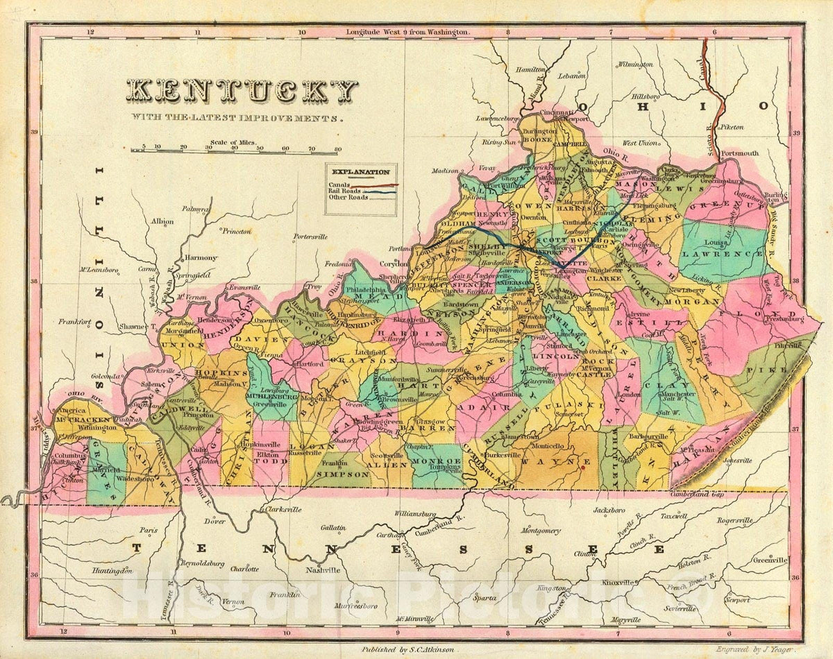 Historic Map : 1836 Kentucky with the Lastest Improvements : Vintage Wall Art