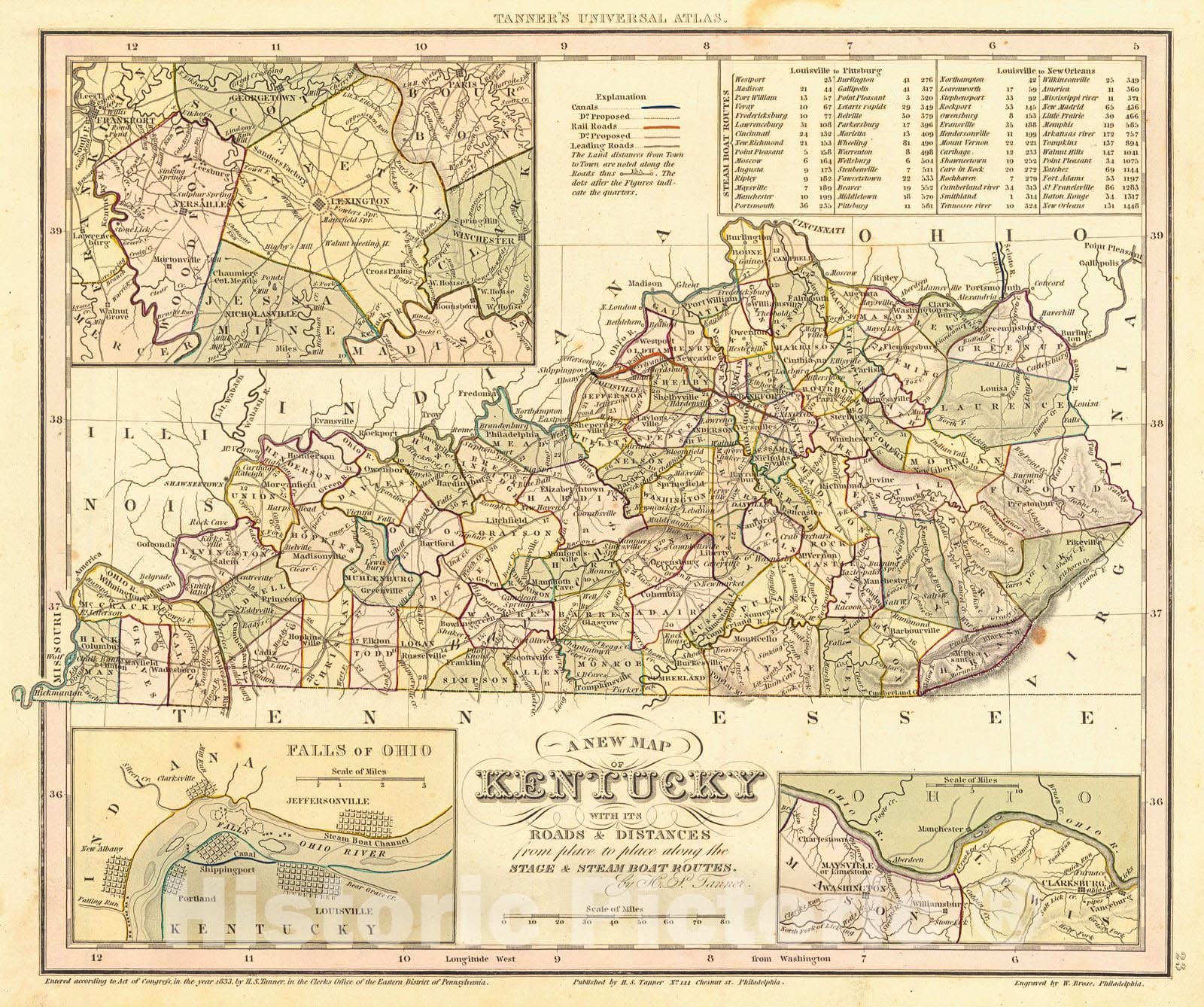 Historic Map : 1836 A New Map of Kentucky with Its Distances from Place to Place Along the Stage and Steamboat Routes : Vintage Wall Art