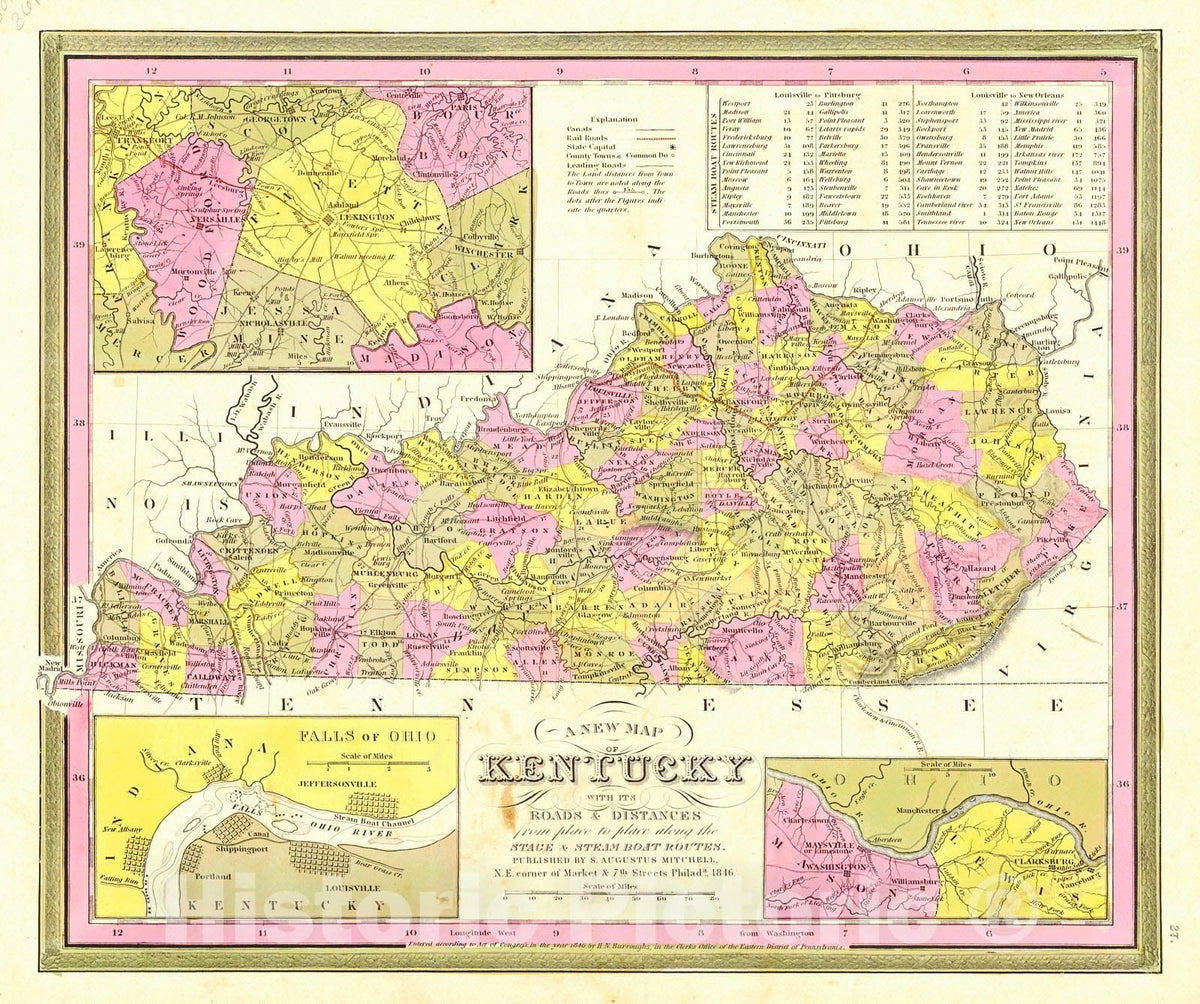 Historic Map : 1846 A New Map of Kentucky with Its Roads and Distances from Place to Place Along the Stage and Steamboat Routes  : Vintage Wall Art