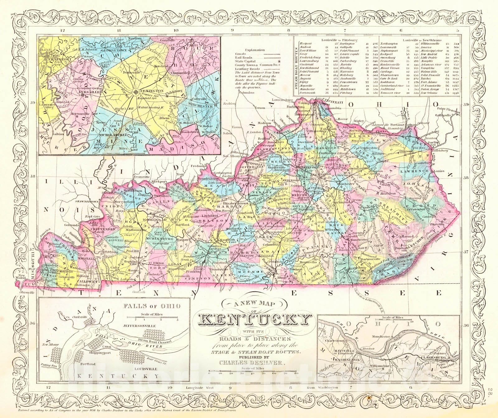 Historic Map : 1857 A New Map of Kentucky with Its Roads and Distances from Place to Place Along Stage and Steamboat Routes  : Vintage Wall Art