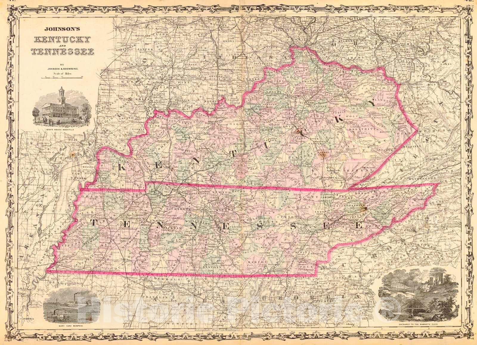 Historic Map : 1861 Johnson's Kentucky and Tennessee : Vintage Wall Art