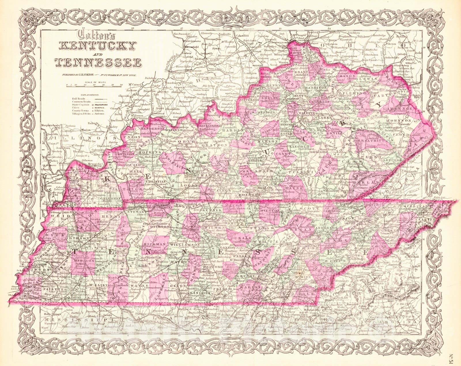 Historic Map : 1864 Colton's Kentucky and Tennessee : Vintage Wall Art