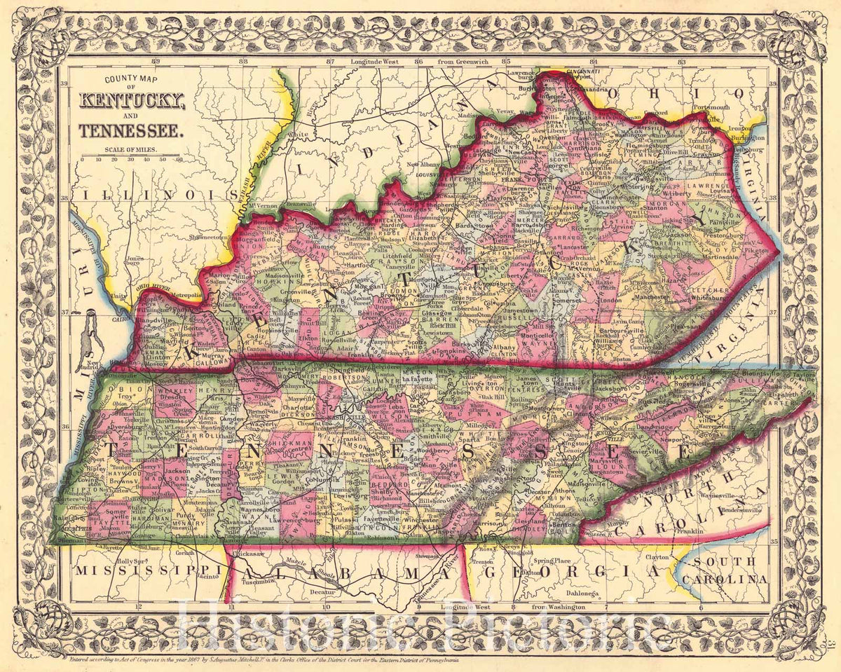 Historic Map : 1867 County Map of Kentucky and Tennessee : Vintage Wall Art