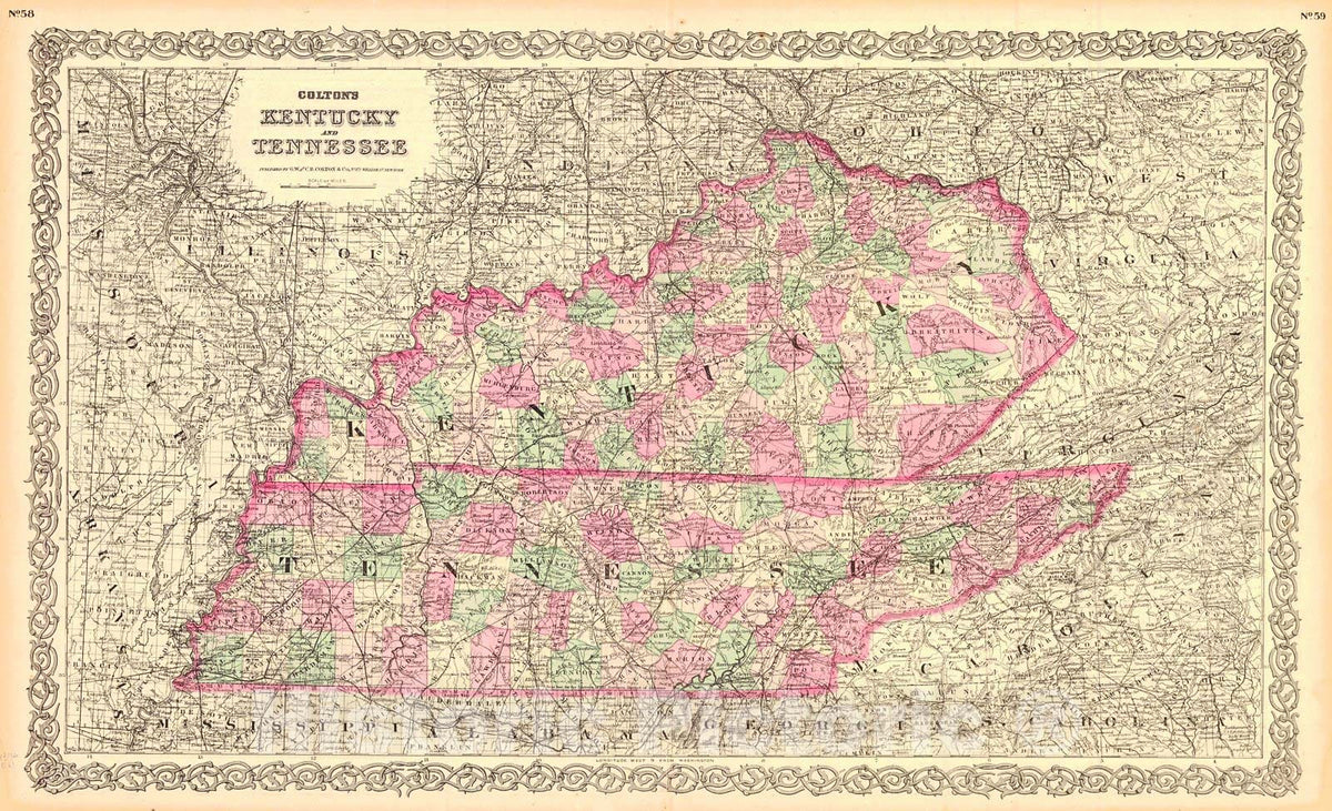 Historic Map : 1869 Colton's Kentucky and Tennessee : Vintage Wall Art