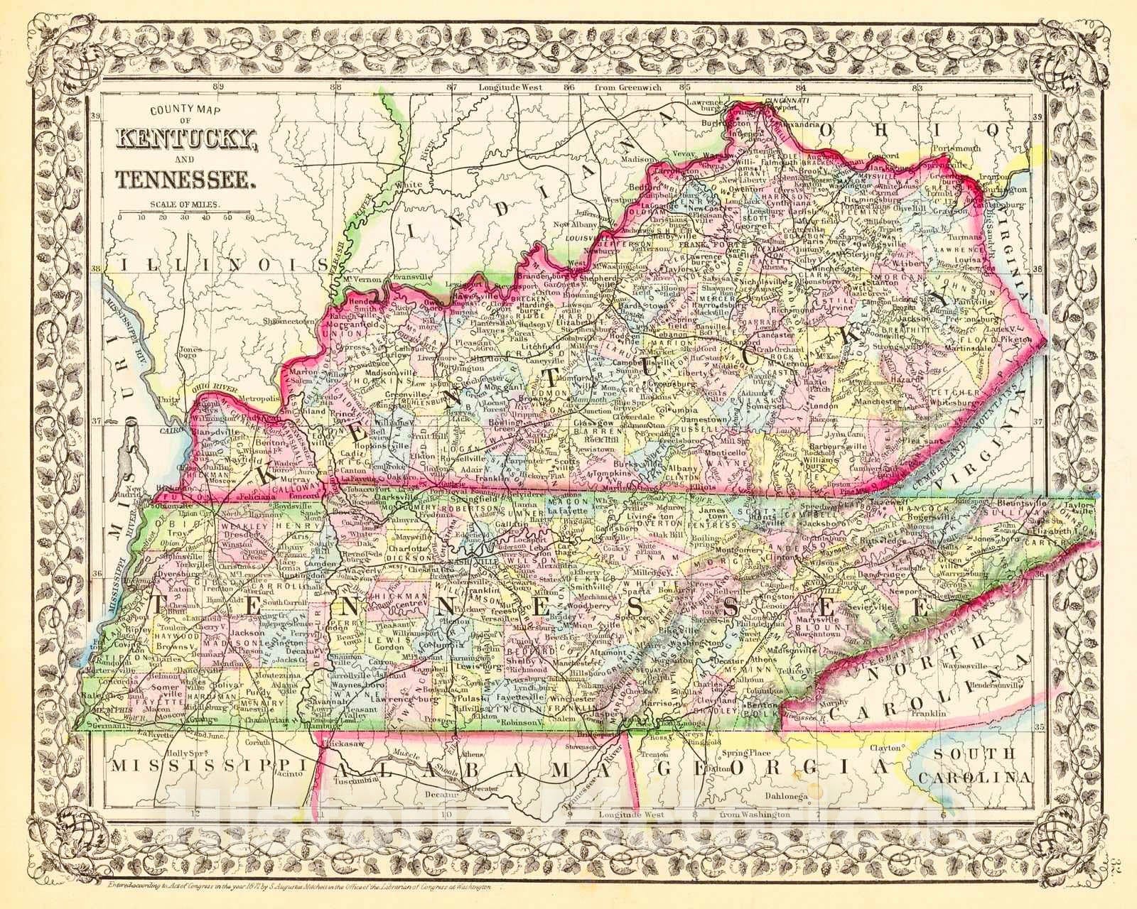 Historic Map : 1871 County Map of Kentucky and Tennessee : Vintage Wall Art