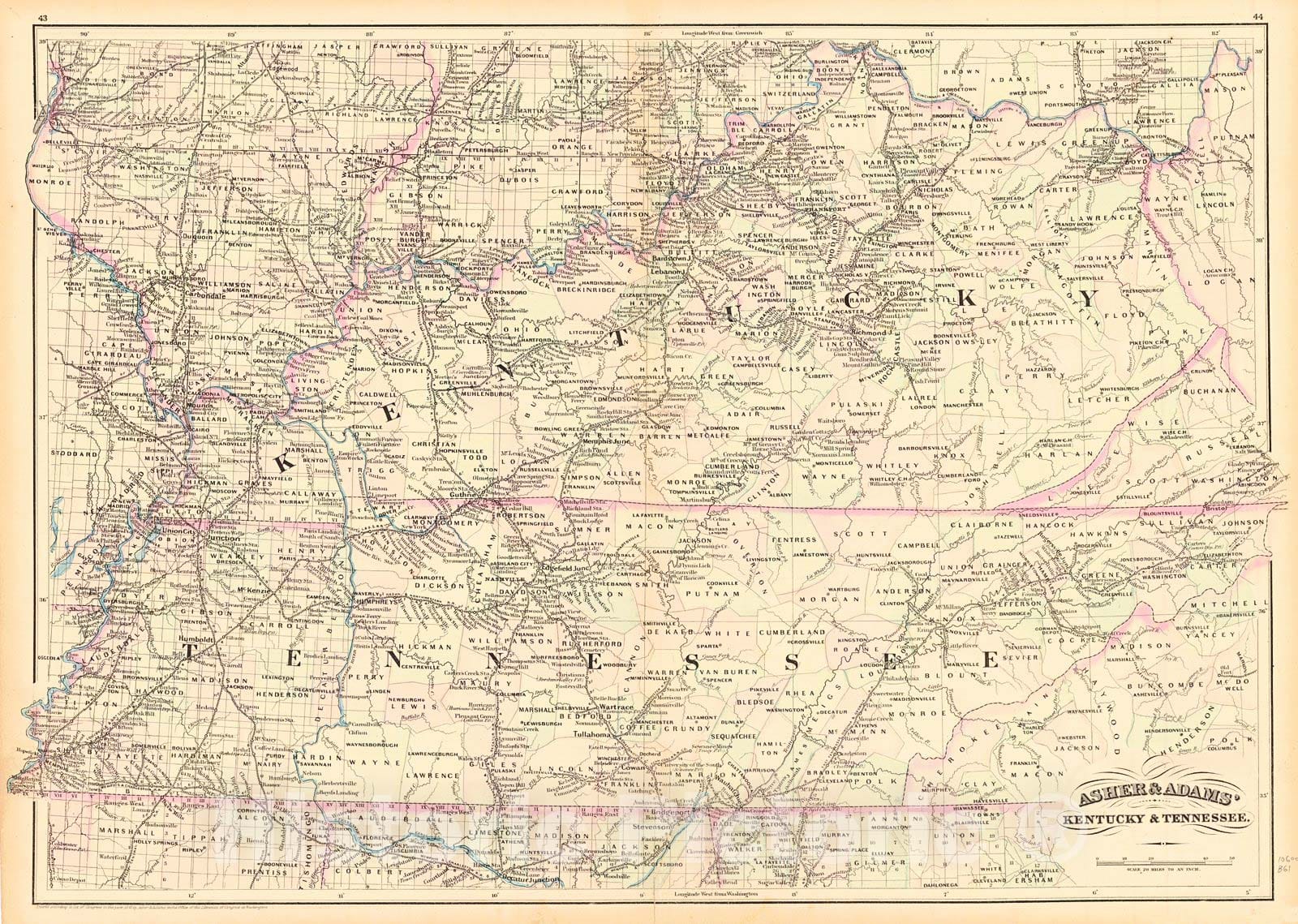 Historic Map : 1872 Asher and Adams Kentucky and Tennessee : Vintage Wall Art