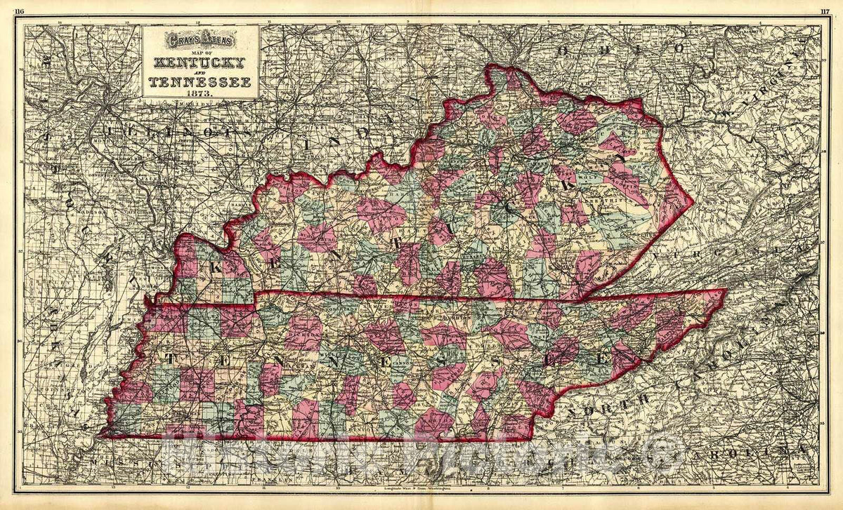 Historic Map : 1873 Kentucky and Tennessee : Vintage Wall Art