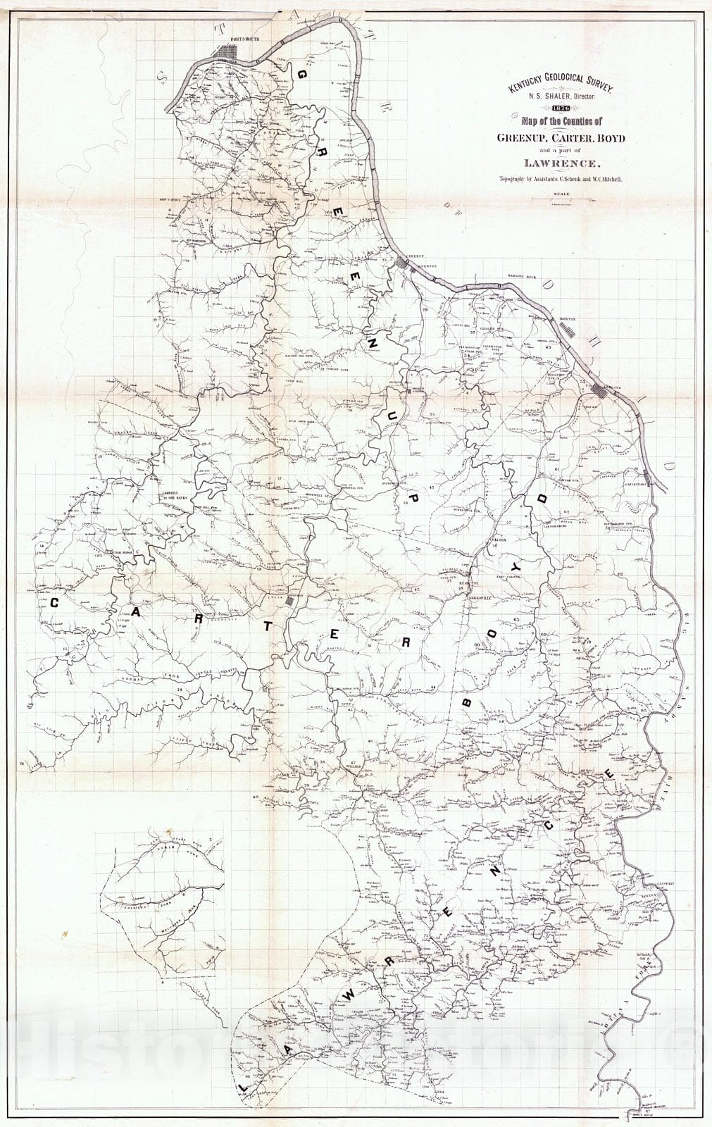 Historic Map : 1876 Map of the Counties of Greenup, Carter, Boyd, and a part of Lawrence : Vintage Wall Art