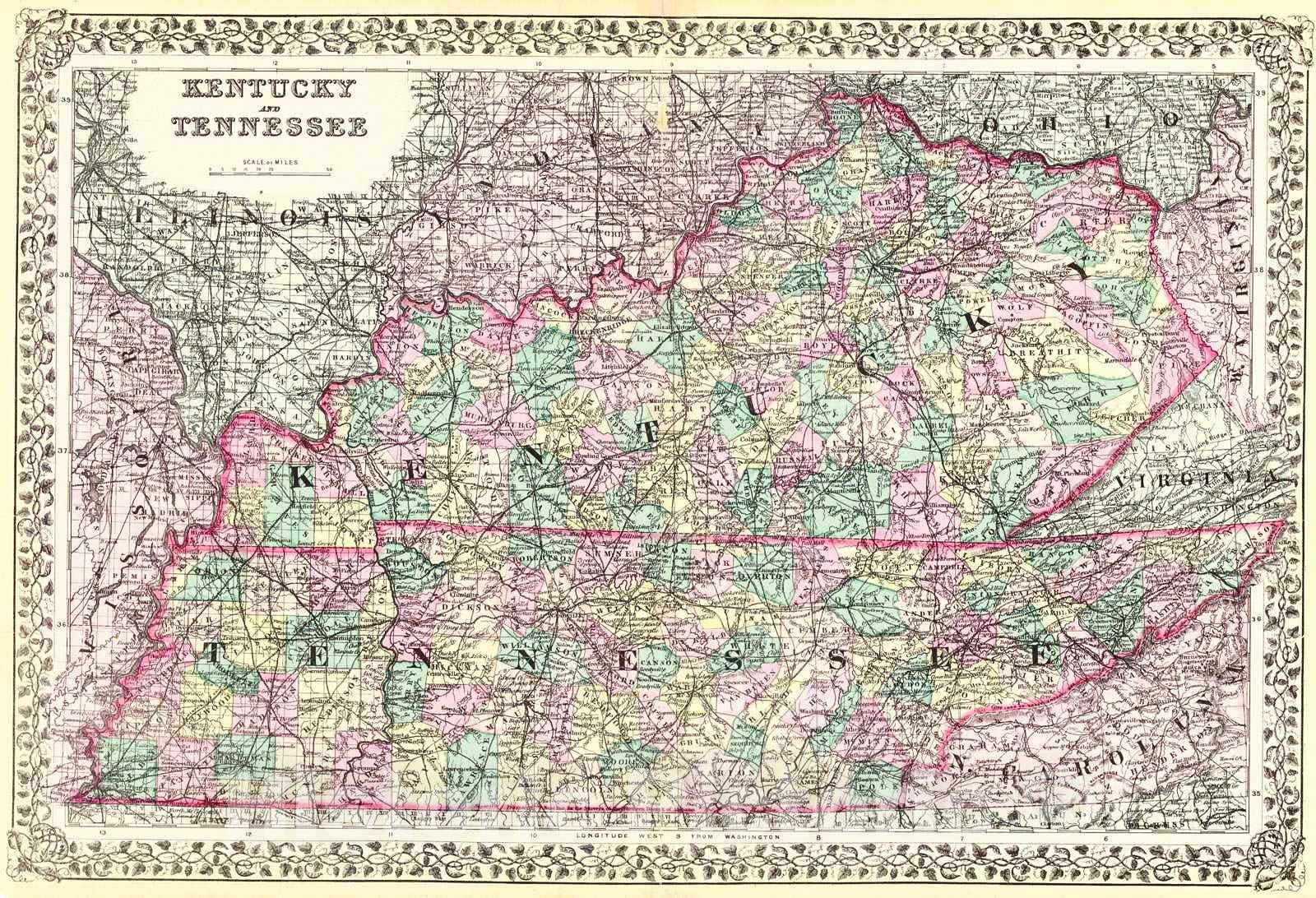 Historic Map : 1876 Kentucky and Tennessee : Vintage Wall Art