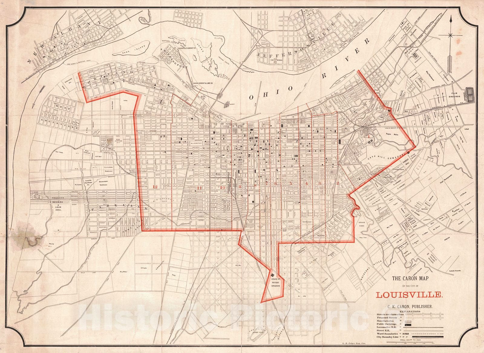 Historic Map : 1880 The Caron Map of the City of Louisville : Vintage Wall Art