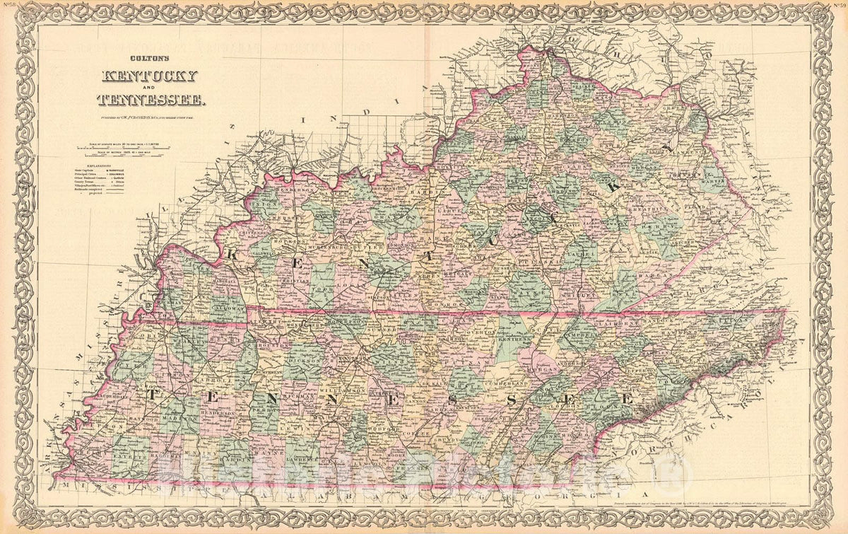 Historic Map : 1883 Colton's Kentucky and Tennessee : Vintage Wall Art
