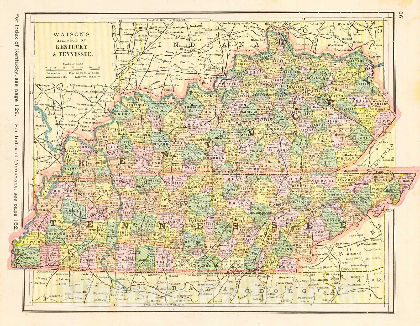 Historic Map : 1885 Watson's Atlas Map of Kentucky and Tennessee : Vintage Wall Art