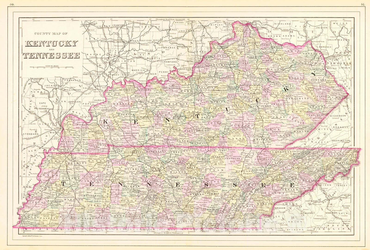 Historic Map : 1887 County Map of Kentucky and Tennessee : Vintage Wall Art