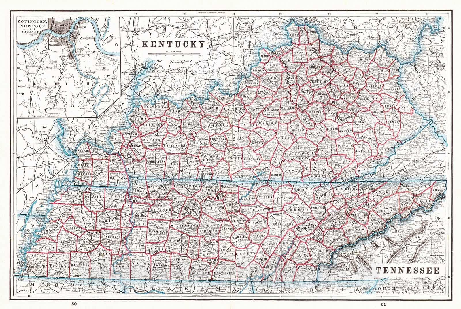 Historic Map : 1893 Kentucky and Tennessee : Vintage Wall Art