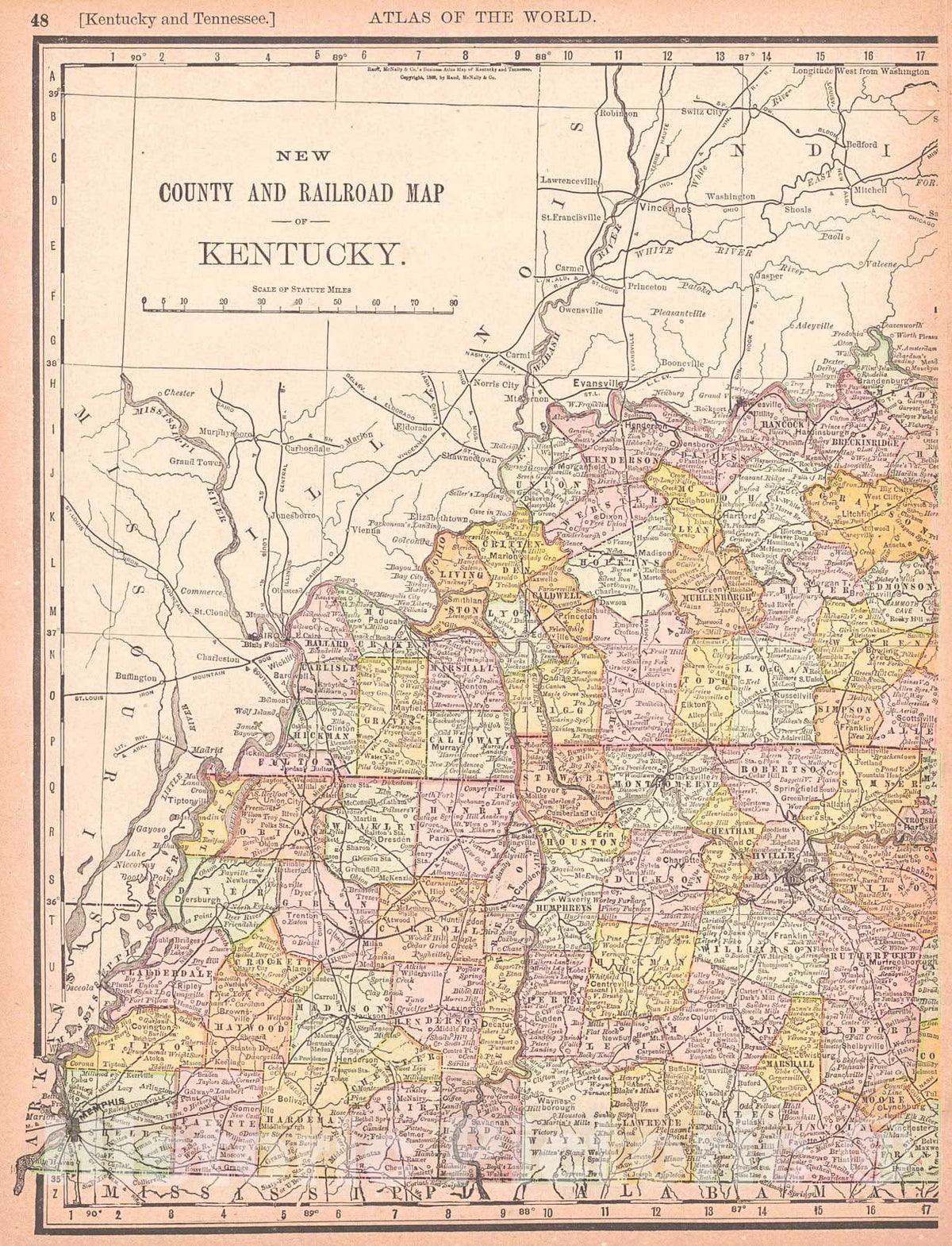 Historic Map : 1893 New County and Railroad Map of Kentucky and Tennessee : Vintage Wall Art