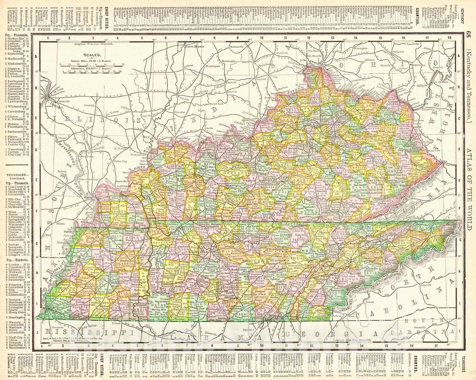 Historic Map : 1895 Rand McNally and Co.'s New 11x14 Map of Kentucky and Tennessee : Vintage Wall Art