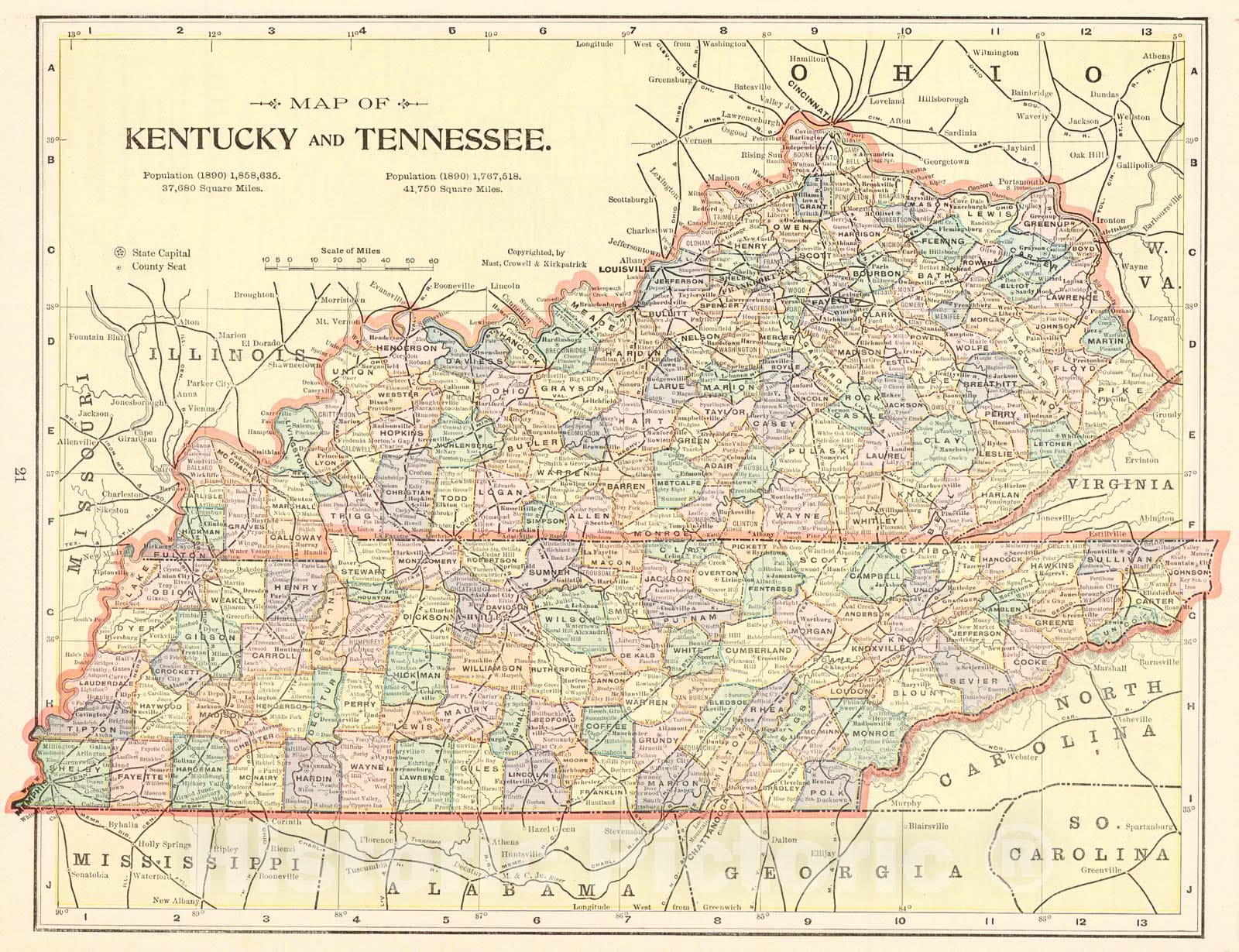 Historic Map : 1898 Map of Kentucky and Tennessee : Vintage Wall Art