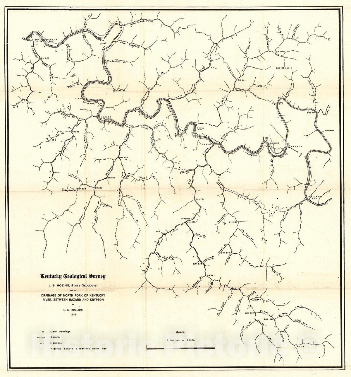 Historic Map : 1915 Map of Drainage of North Fork of Kentucky River, Between Hazard and Krypton : Vintage Wall Art