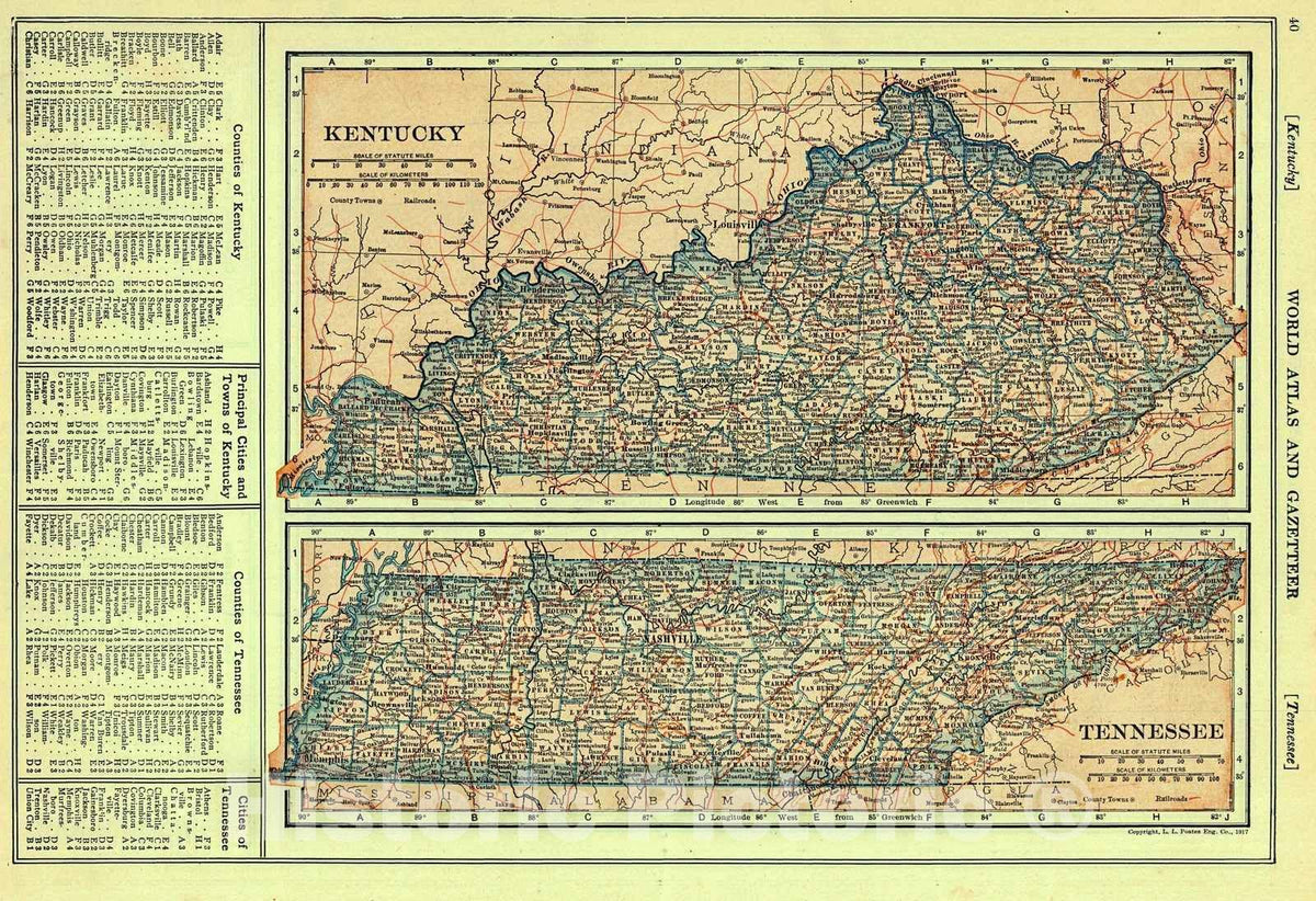 Historic Map : 1920 Kentucky and Tennessee : Vintage Wall Art