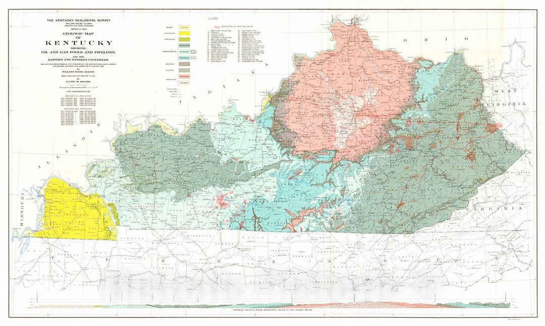 Historic Map : 1923 Geologic Map of Kentucky Showing Oil and Gas Pools and Pipelines and hte Eastern and Western Coalfields : Vintage Wall Art
