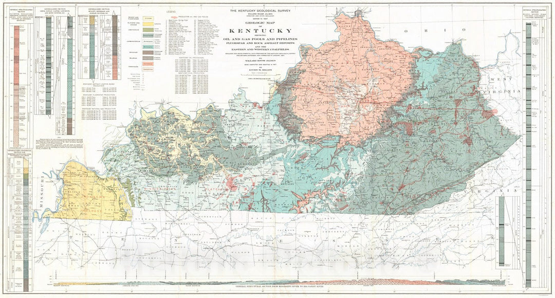 Historic Map : 1927 Geologic Map of Kentucky Showing Oil and Gas Pools and Pipelines, Fluorspar and Rock Asphalt Deposits, and the Eastern and Western Coalfields : Vintage Wall Art