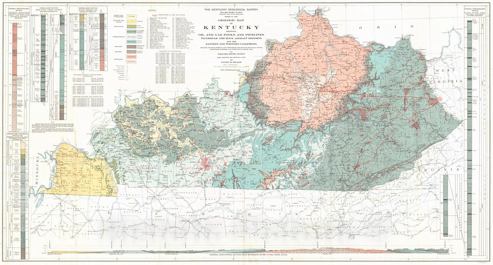 Historic Map : 1927 Geologic Map of Kentucky Showing Oil and Gas Pools and Pipelines, Fluorspar and Rock Asphalt Deposits, and the Eastern and Western Coalfields : Vintage Wall Art
