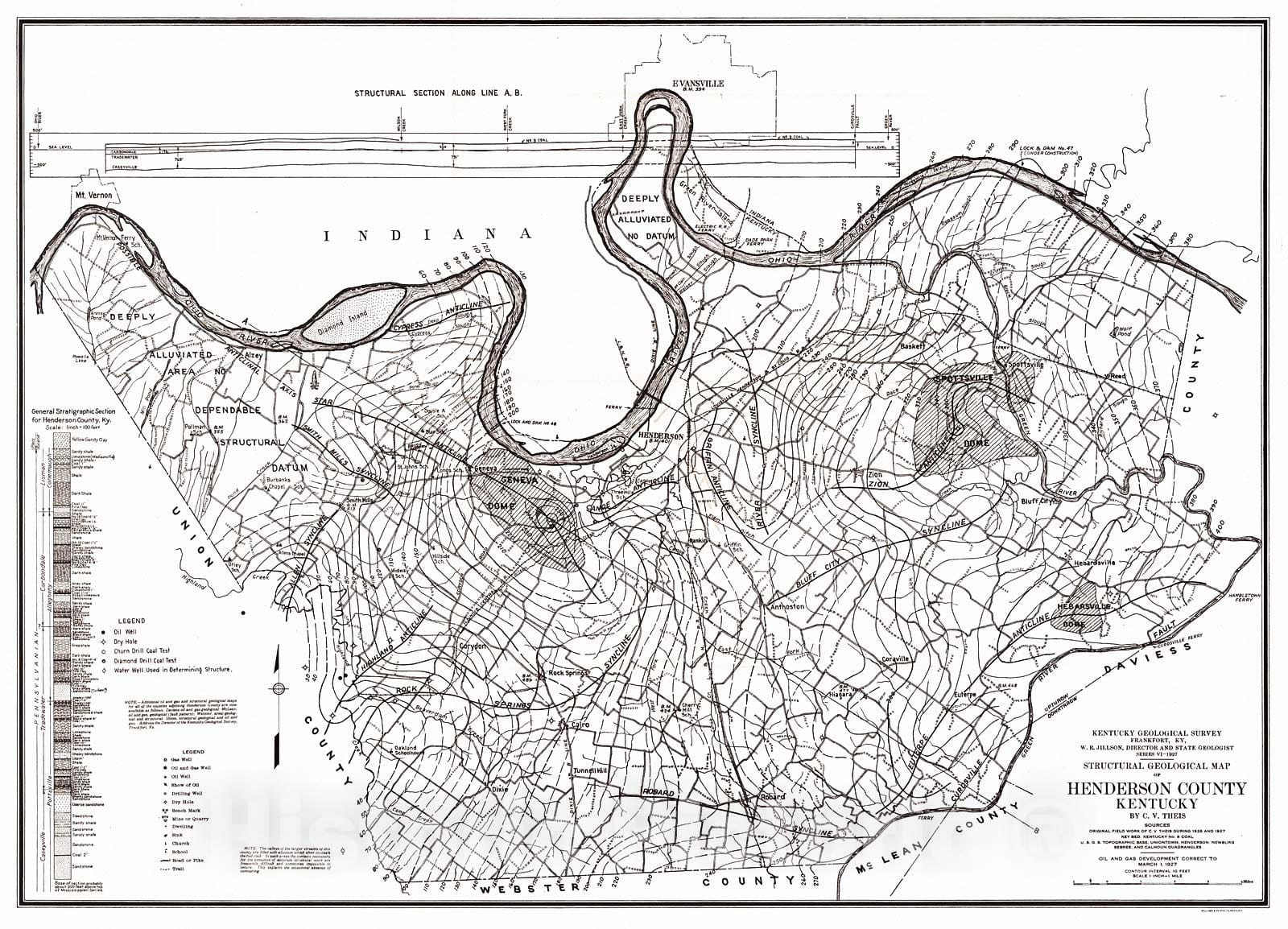 Historic Map : 1927 Structural Geological Map of Henderson County, Kentucky : Vintage Wall Art