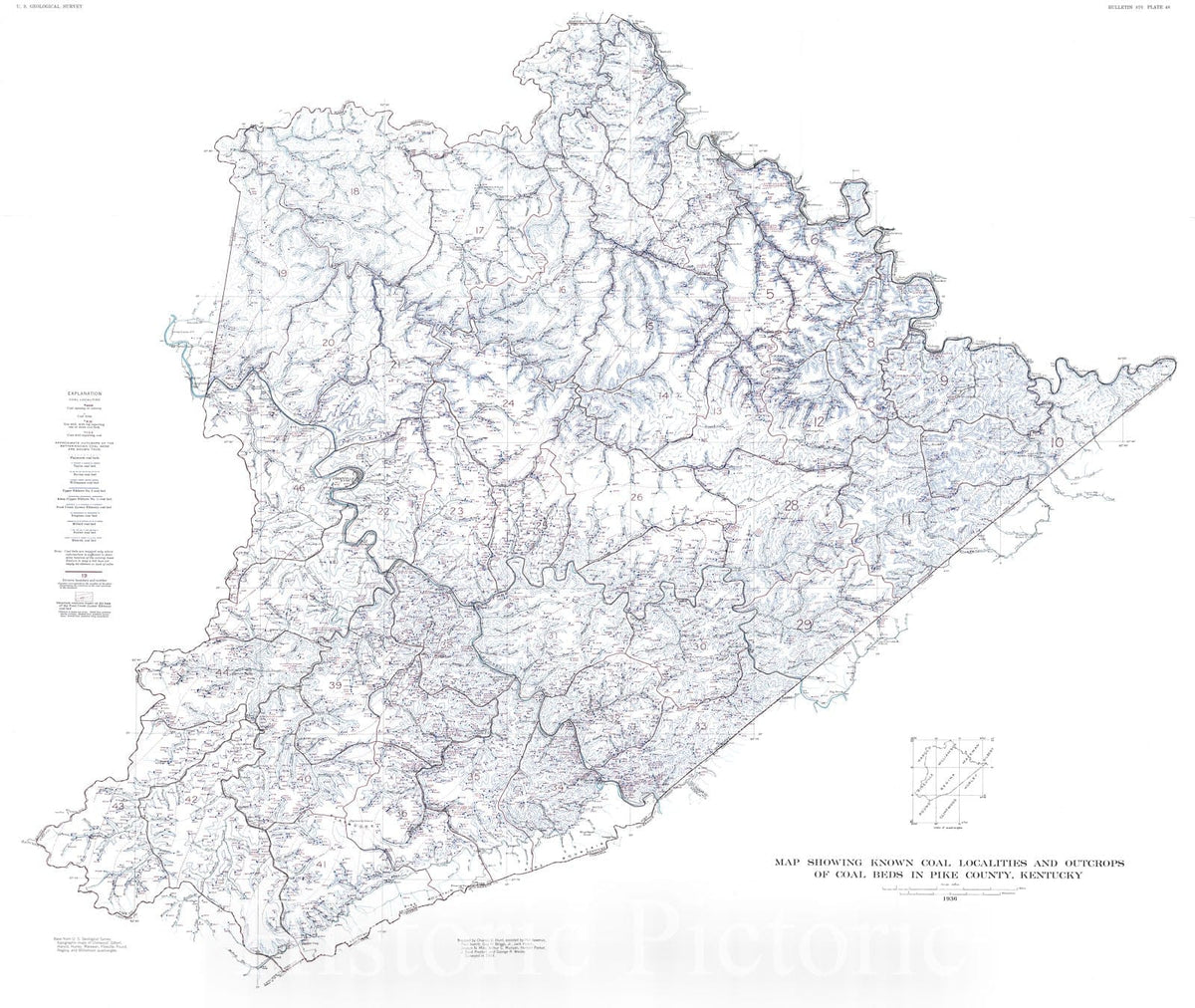 Historic Map : 1937 Map showing known coal localities and outcrops of coal beds in Pike County, Kentucky : Vintage Wall Art