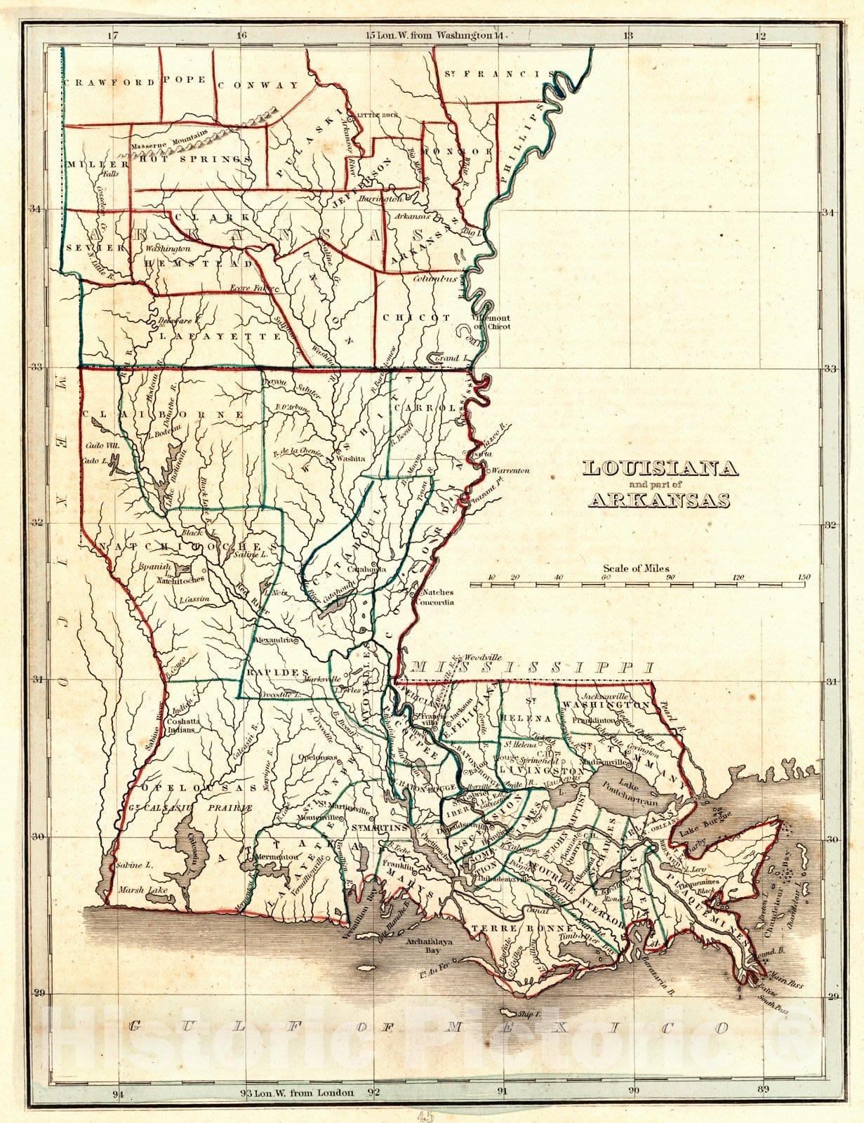 Historic Map : 1835 Louisiana and part of Arkansas : Vintage Wall Art