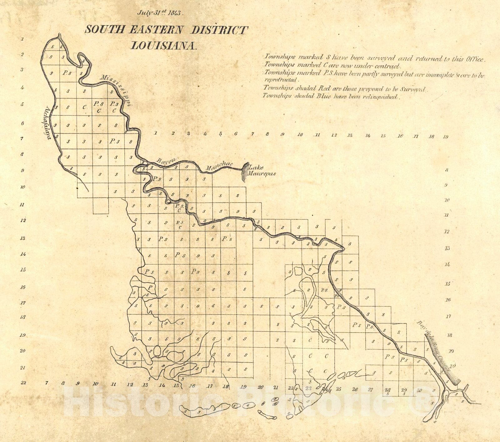 Historic Map : 1843 South Eastern District, Louisiana : Vintage Wall Art