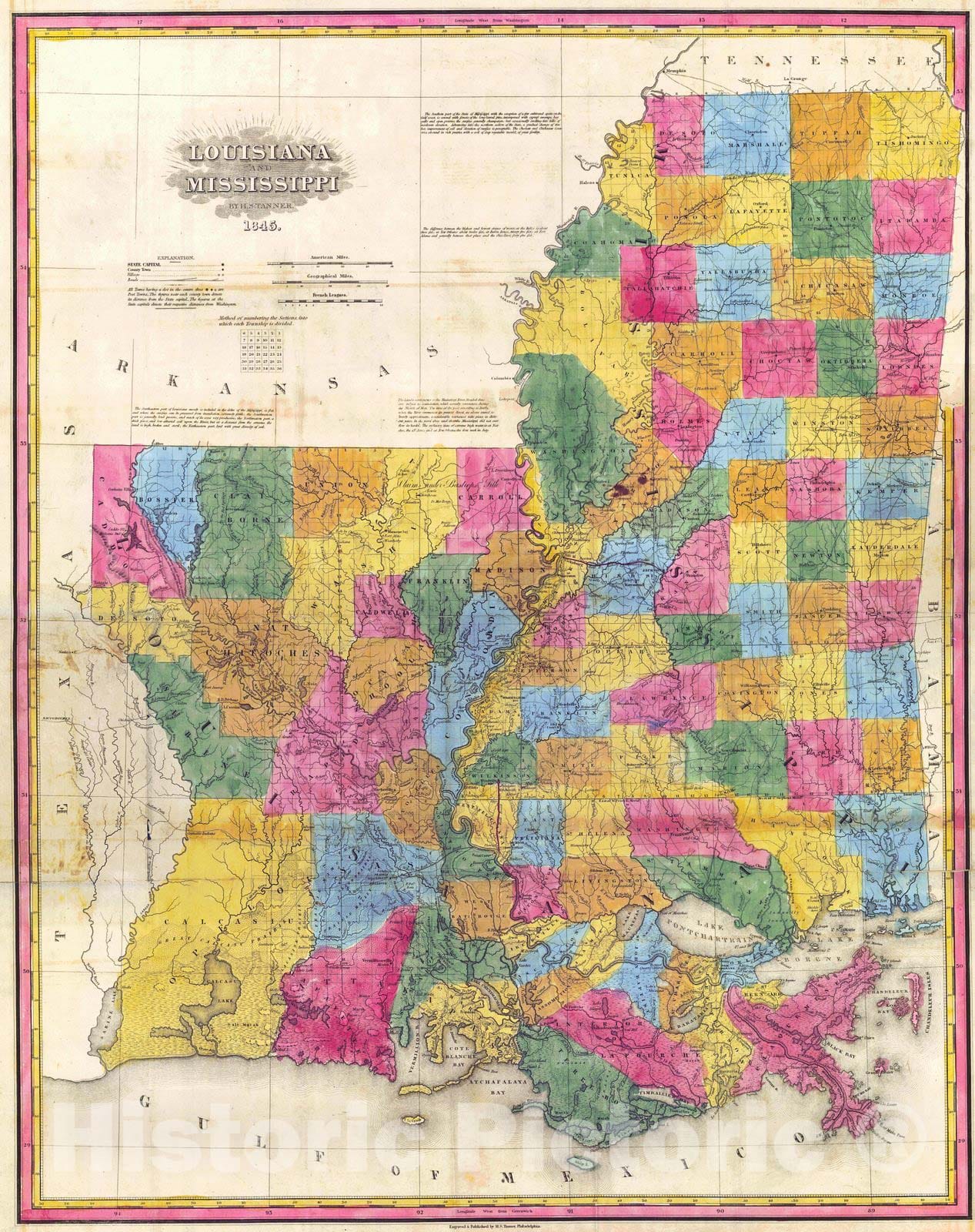 Historic Map : 1845 Louisiana and Mississippi : Vintage Wall Art