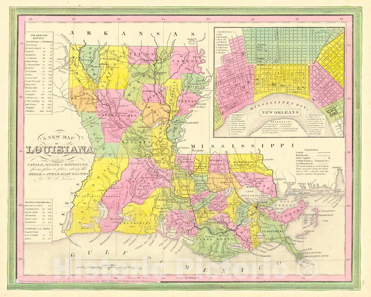 Historic Map : 1846 A New Map of Lousiana with its Canals, Roads, and Distances from Place to Place, Along the Stage and Steam Boat Routes : Vintage Wall Art