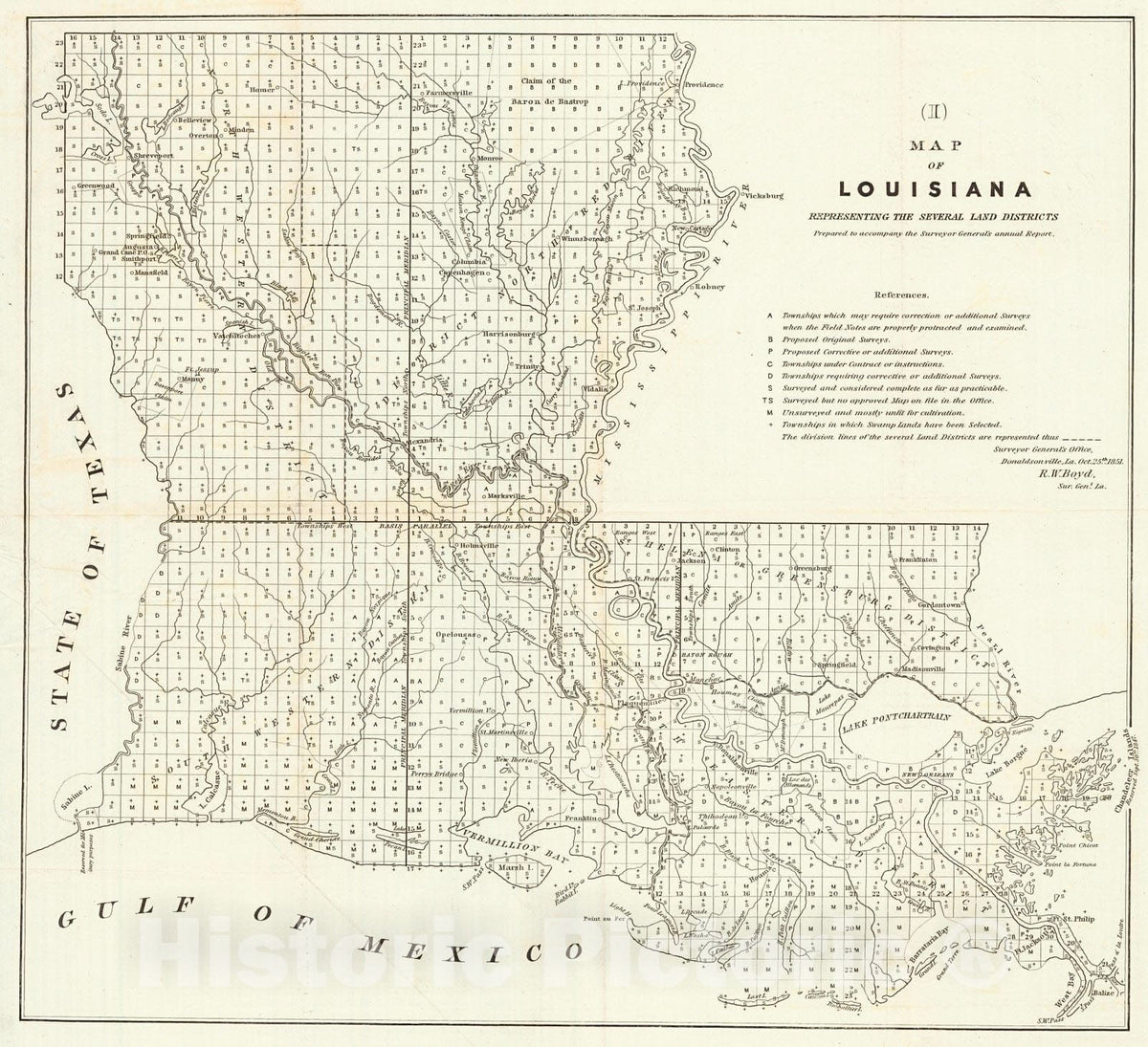 Historic Map : 1851 (I) Map of Louisiana Representing the Several Land Districts : Vintage Wall Art