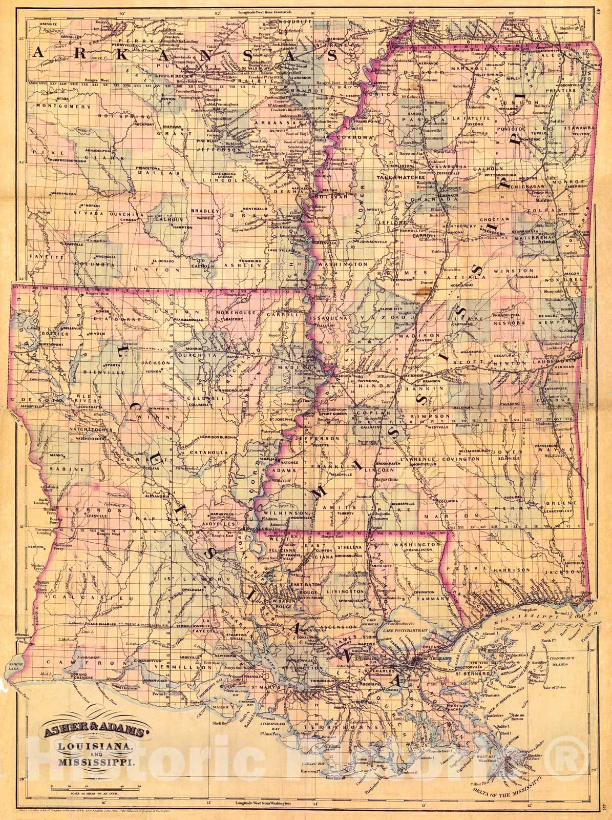 Historic Map : 1878 Louisiana and Mississippi : Vintage Wall Art