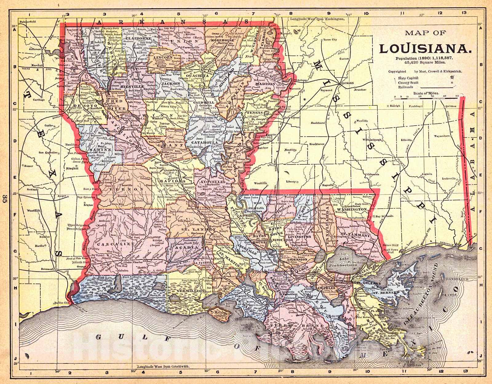 Historic Map : 1893 Map of Louisiana : Vintage Wall Art