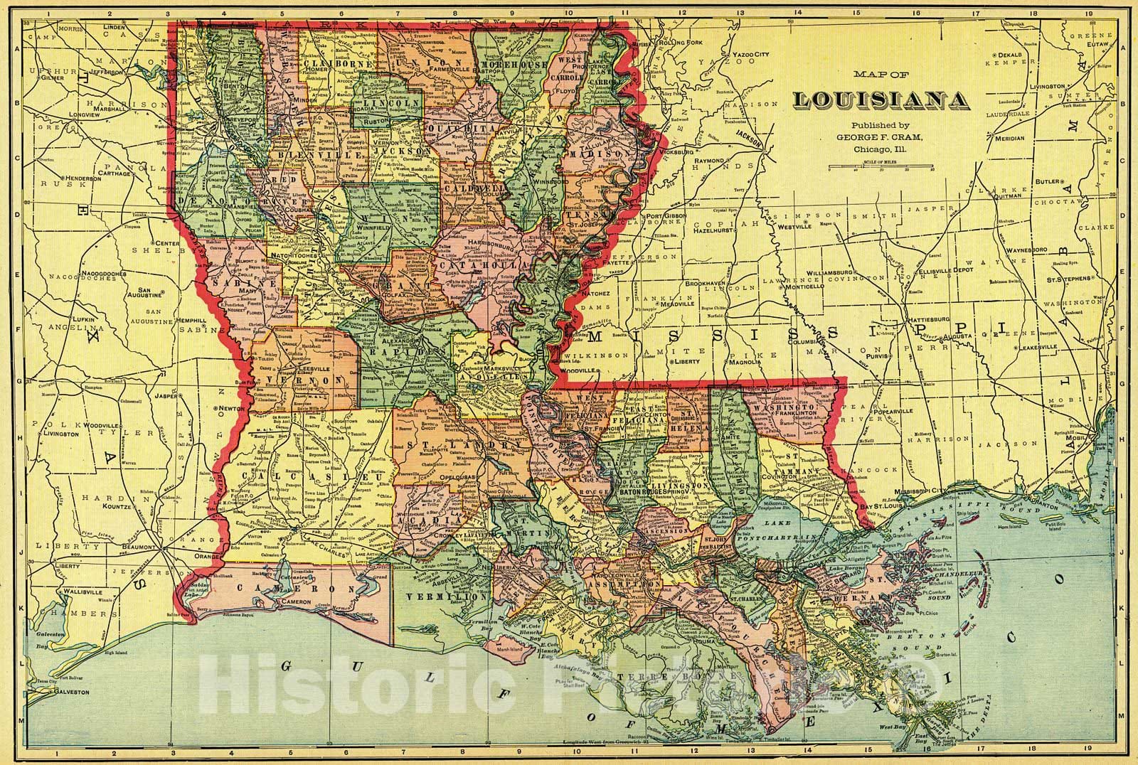 Historic Map : 1907 Map of Louisiana : Vintage Wall Art