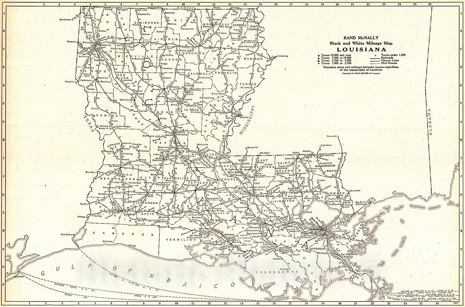 Historic Map : 1921 Louisiana- Black and White Mileage Map  : Vintage Wall Art