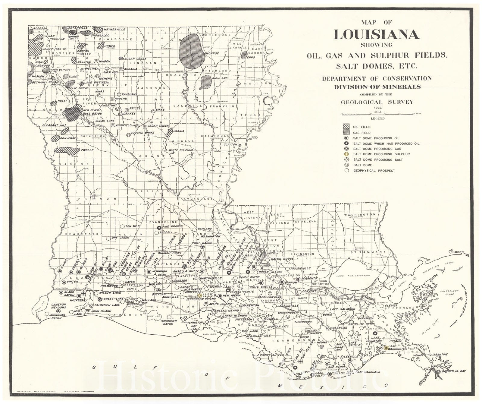 Historic Map : 1935 Map of Louisiana showing oil, gas and sulphur fields, salt domes, ect. : Vintage Wall Art