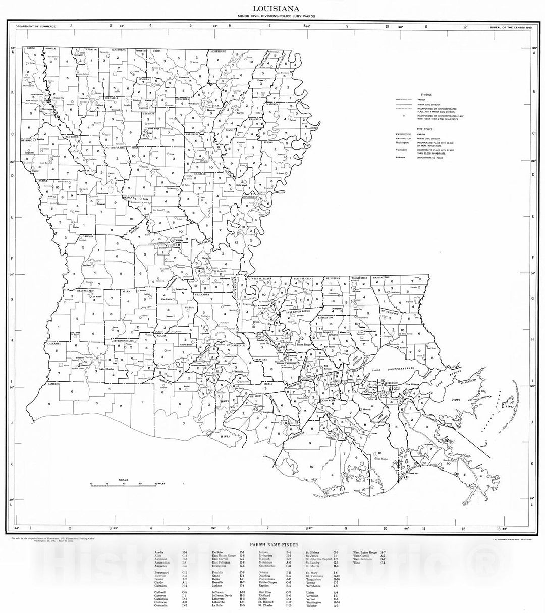 Historic Map : 1960 Louisiana Minor Civil Divisions - Police Jury Wards (1960 census) : Vintage Wall Art
