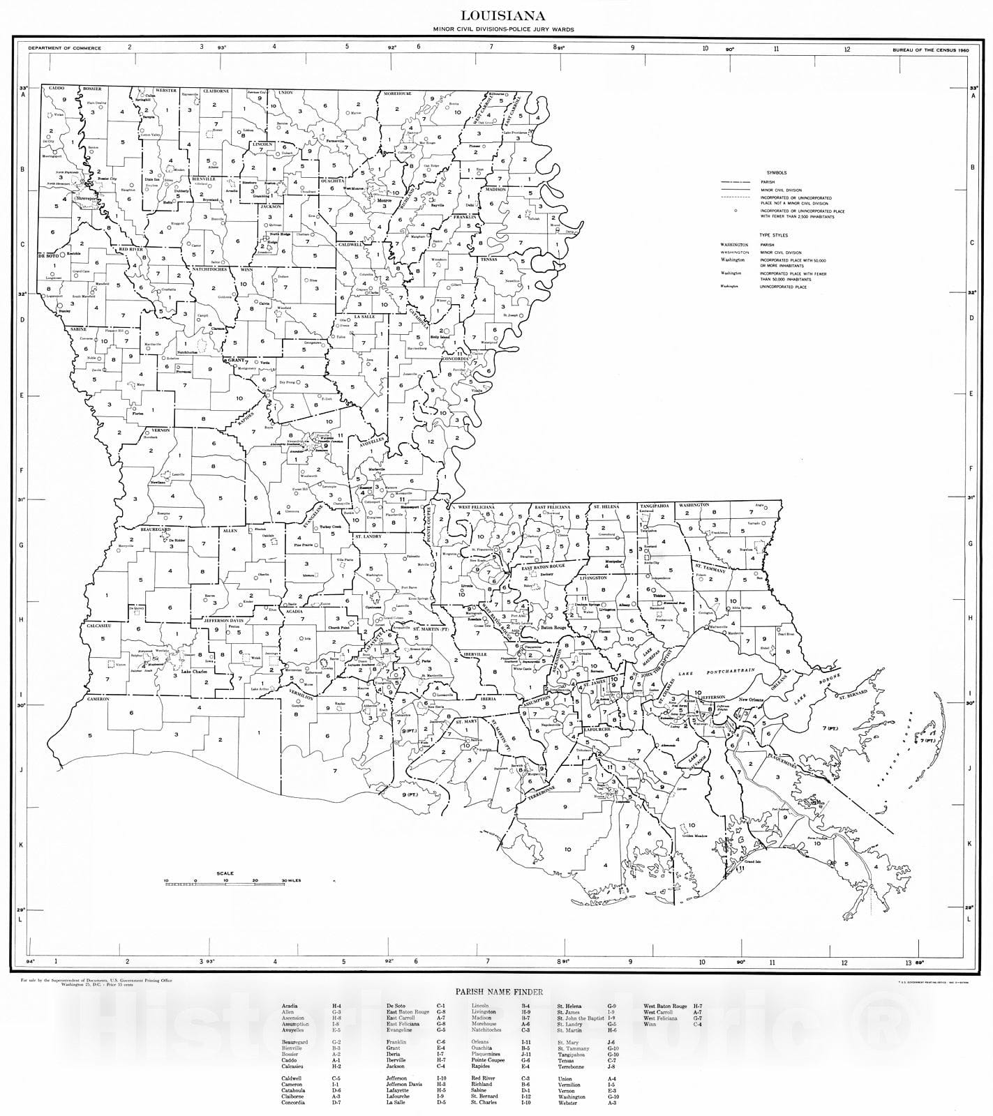Historic Map : 1960 Louisiana Minor Civil Divisions - Police Jury Wards (1960 census) : Vintage Wall Art