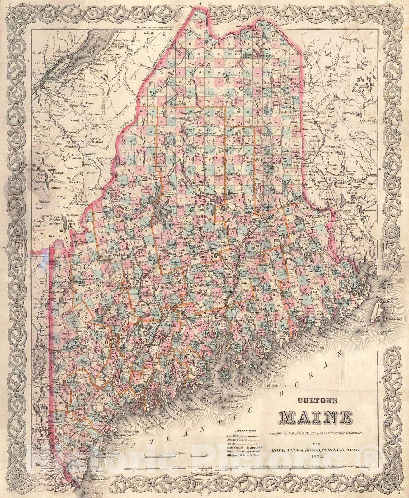 Historic Map : 1872 Colton's Maine : Vintage Wall Art
