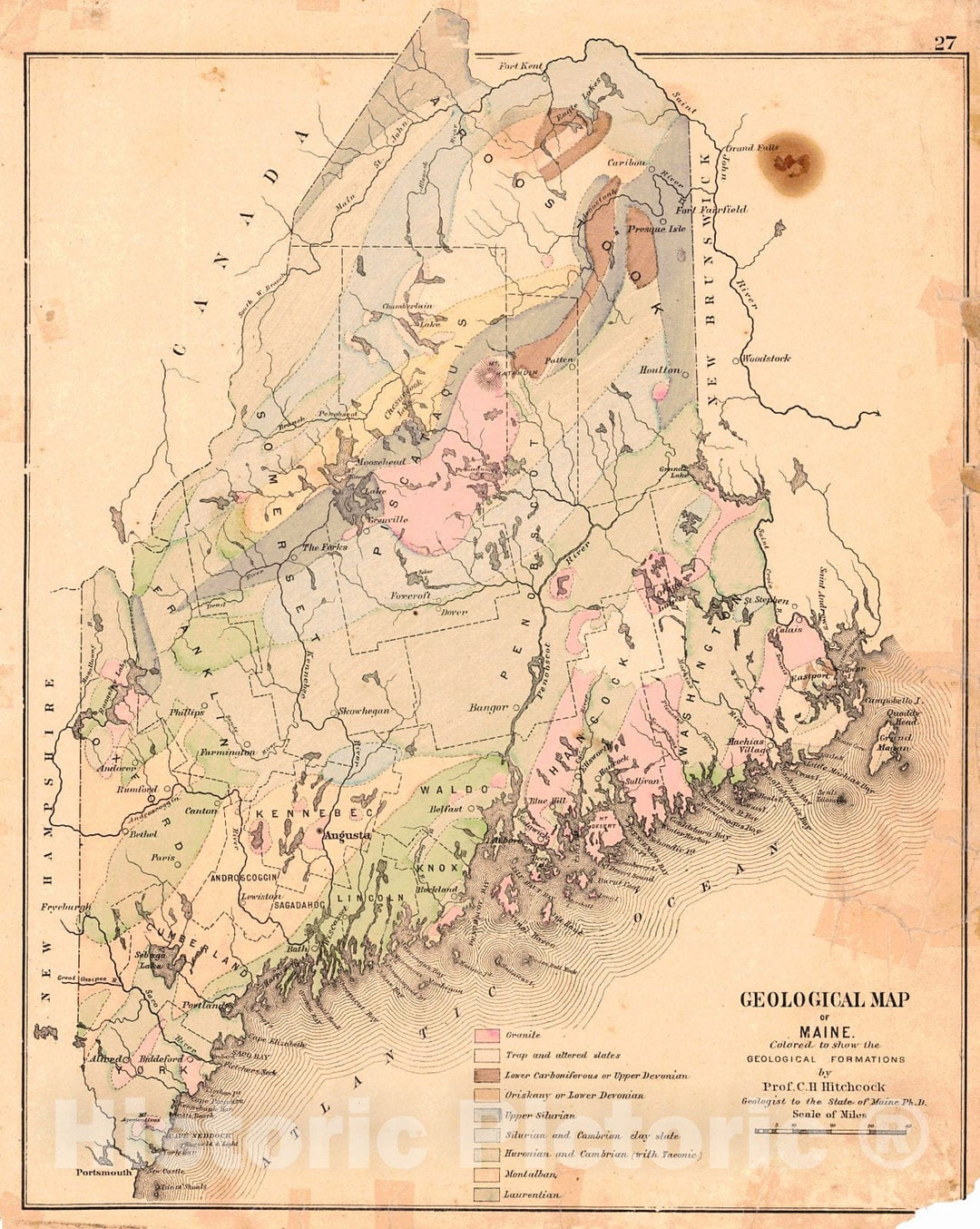 Historic Map : 1884 Geological Map of Maine Colored to Show the Geological Formations : Vintage Wall Art