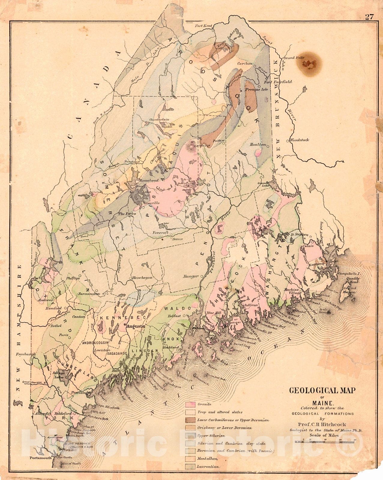Historic Map : 1884 Geological Map of Maine Colored to Show the Geological Formations : Vintage Wall Art