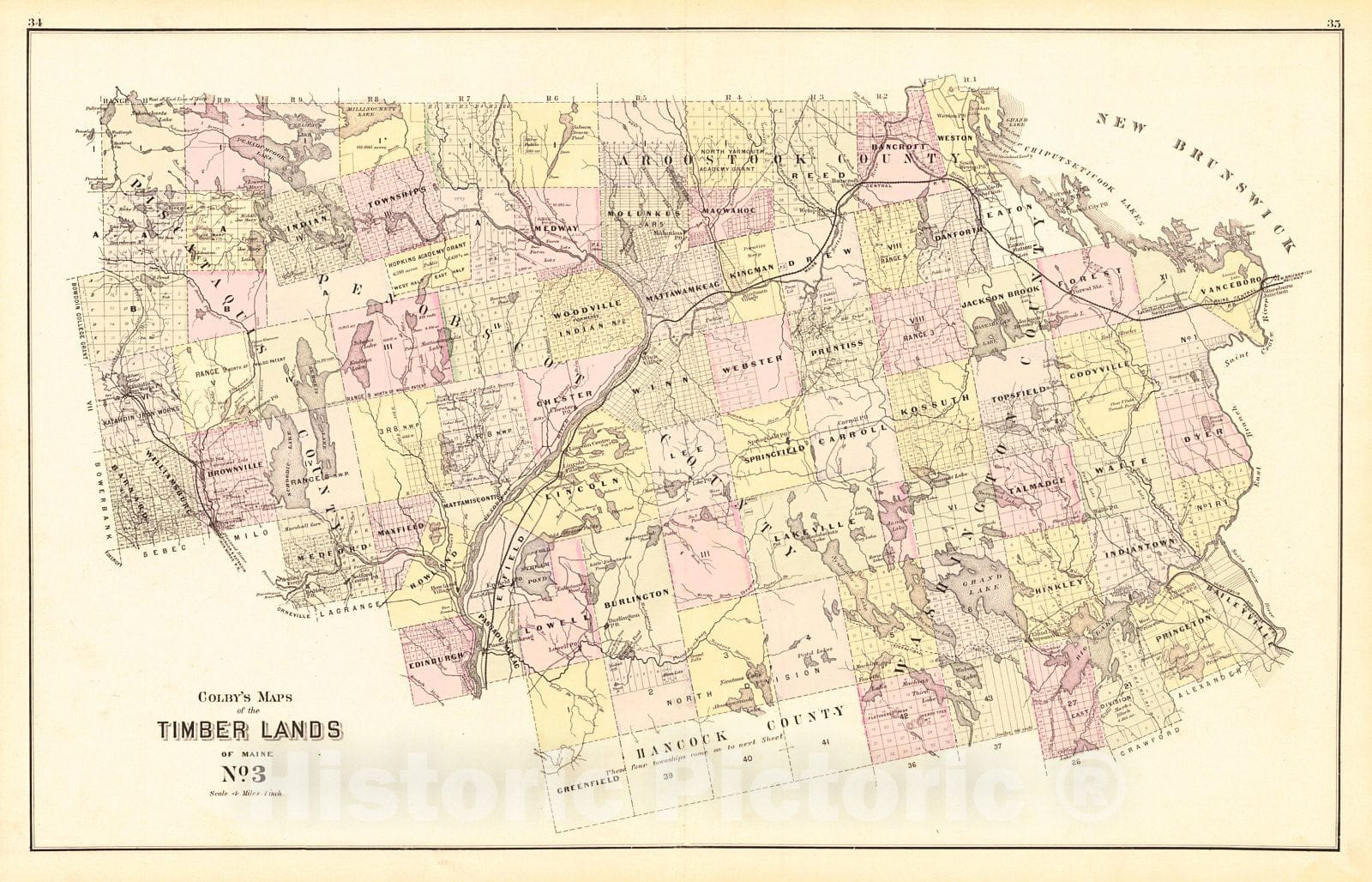 Historic Map : 1884 Colby's Maps of the Timber Lands of Maine No. 3 : Vintage Wall Art