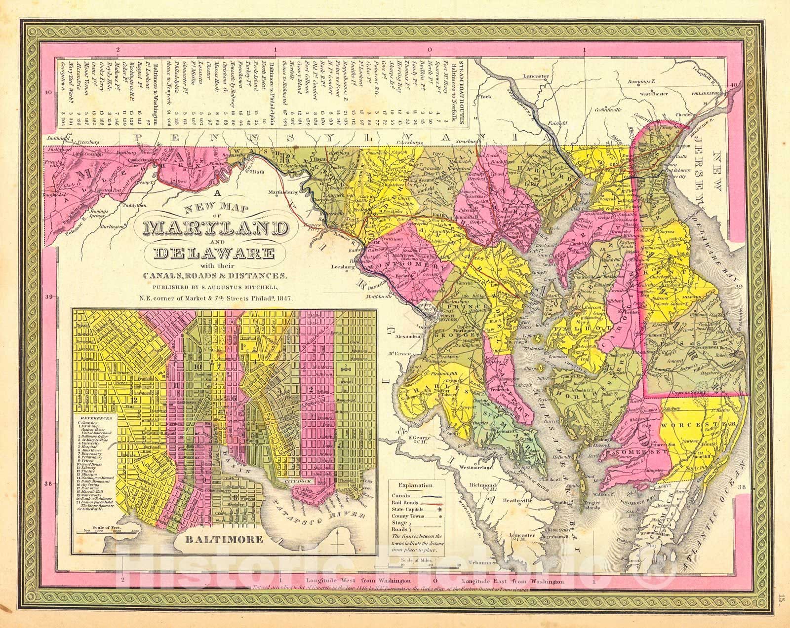 Historic Map : 1847 A New Map of Maryland and Delaware with thier Canals, Roads, and Distances : Vintage Wall Art